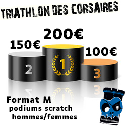 Podium des récompenses en euros sur le format M du Triathlon des Corsaires 2023
